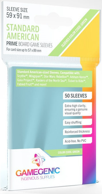 Gamegenic Prime Board Game Sleeves - Size Code GREEN - Standard American-Sized (59mm x 91mm) (50 Sleeves Per Pack)